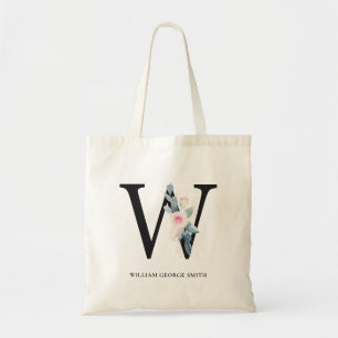 TOTE BAG ALPHABÈTES FLORAUX BLEUS DOUX NOM LETTRE W