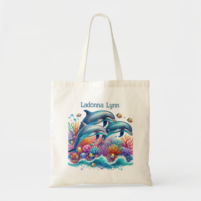 Tote Bag Amateurs de dauphins mignons ajouter le nom (Devant)