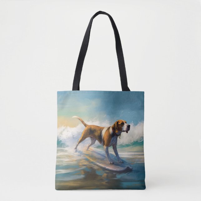 Tote Bag American Engligh Foxhound Beach Surfing Paining (Devant)