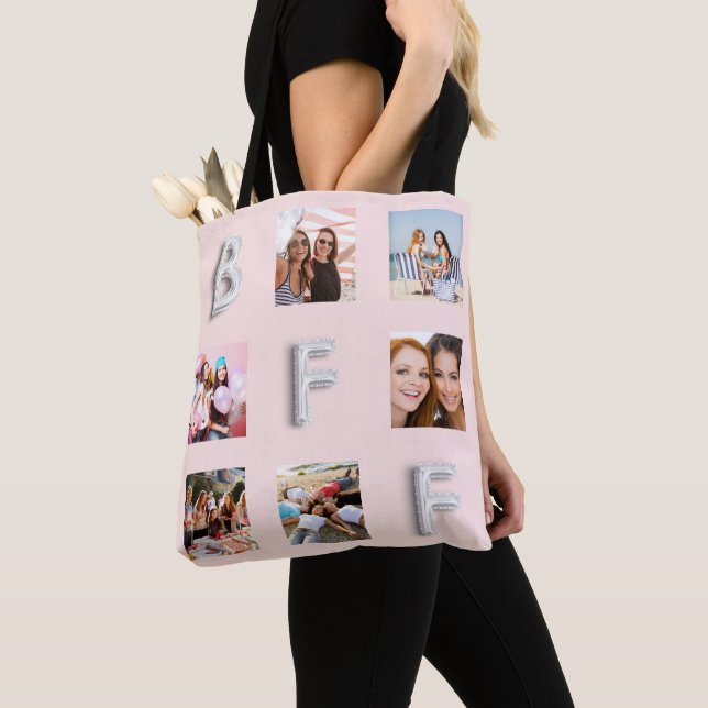 Tote Bag Amis rose or argent noir collage photo (De près)