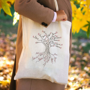 Tote Bag Amour Arbre de Vie Art Blanc Noir Coeurs rouges mi