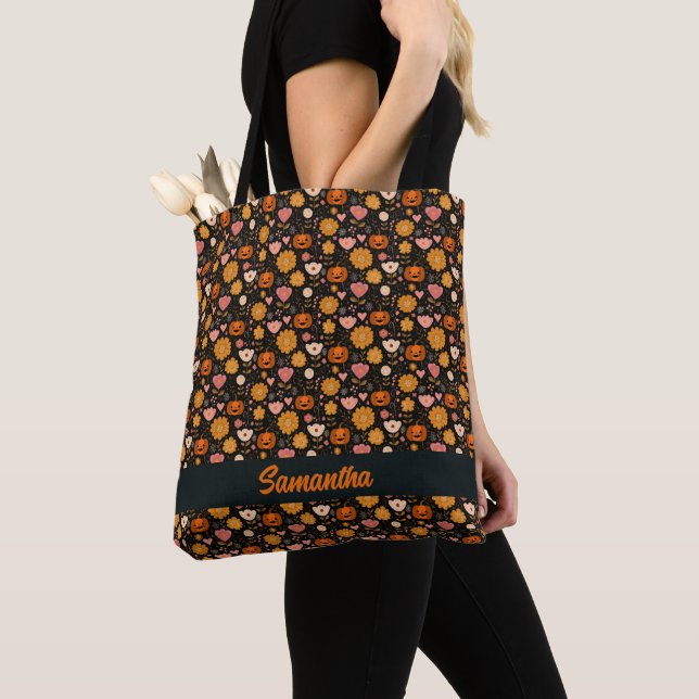 Tote Bag Amour citrouille avec Coeurs et Fleurs (De près)