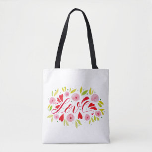 Tote Bag Amour et fleurs - rose et rouge