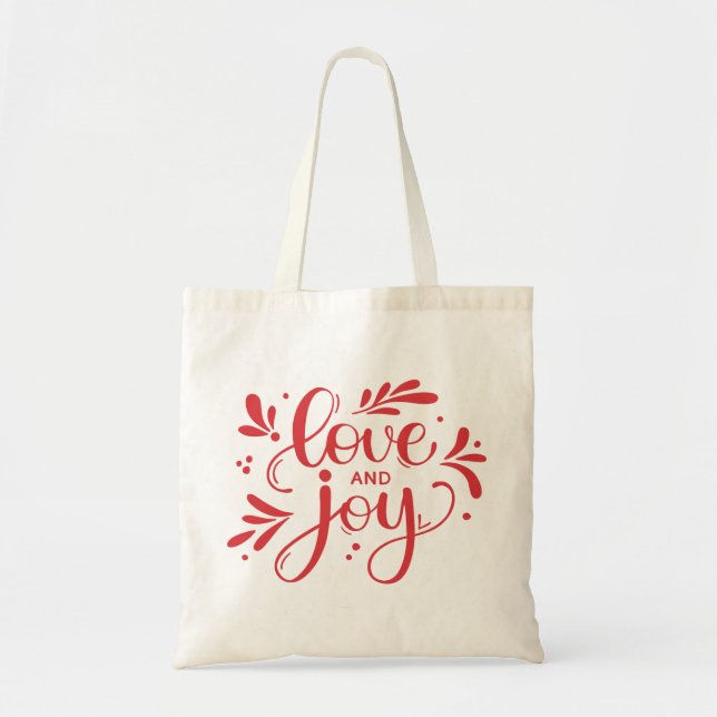 Tote Bag Amour et joie. Calligraphie de Noël rouge (Devant)