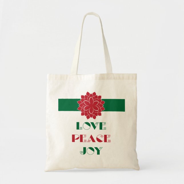 Tote Bag Amour moderne, Paix, Texte de joie avec poinsettia (Devant)