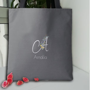Tote Bag Amoureux de Pilates  Monogramme floral aquarelle  