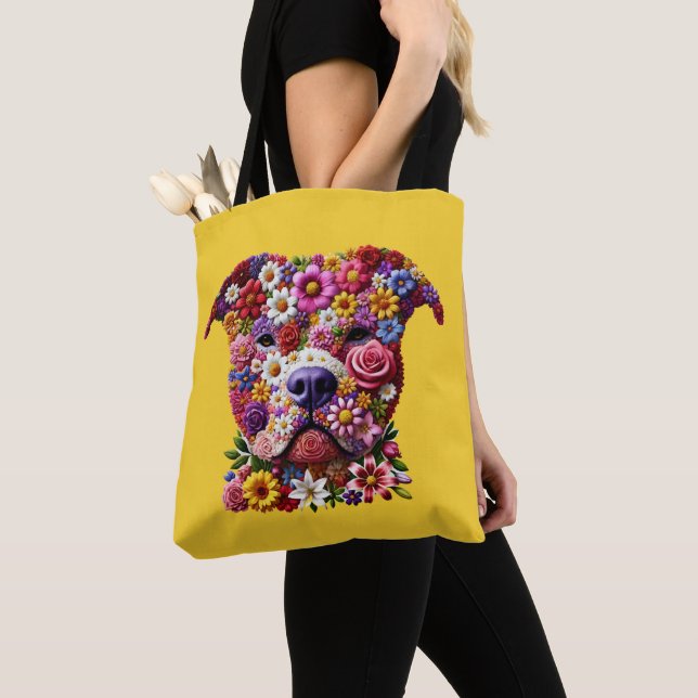 Tote Bag Amoureux des chiens de la face de fleurs Pitbull (De près)