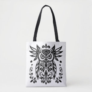 Tote Bag Amoureux des hiboux Bois rustique Noir Blanc Bohèm