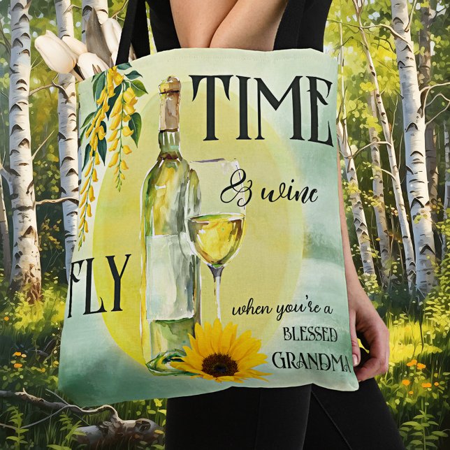 Tote Bag Amusante Aquarelle Vin Grand-mère (Tote bag featuring a watercolor bottle and glass of wine with flowers and your funny texts - grandma)