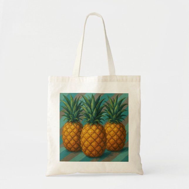 Tote Bag Ananas aux rayures turquoise et gris chaud (Devant)