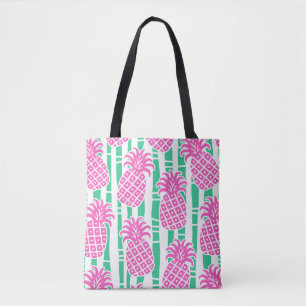 Tote Bag Ananas Bambou rayures rose et Motif vert