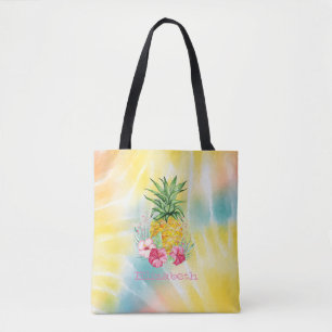 Tote Bag Ananas, Hibiscus Aquarelle Tie Dye Arc-en-Ciel