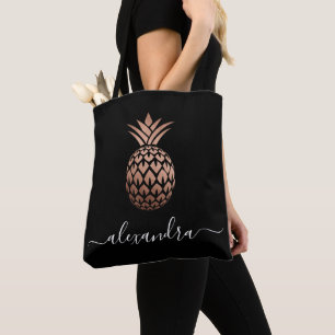 Tote Bag Ananas noir rose d'or en cuivre élégant