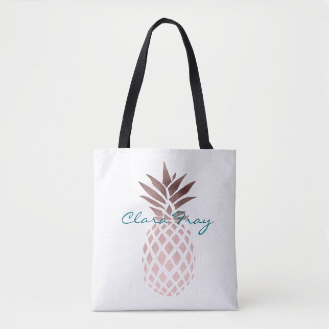 Tote Bag ananas tropical d'or rose clair élégant de faux (Devant)