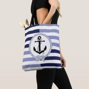 Tote Bag ancre de navire noir marine, bande bleue marine