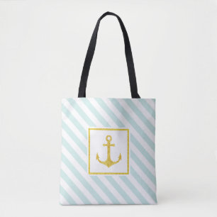 Tote Bag Ancre dorée Bleu Mint Blancs