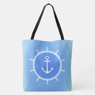 Tote Bag Ancre et roue nautiques bleu pâle et blanc