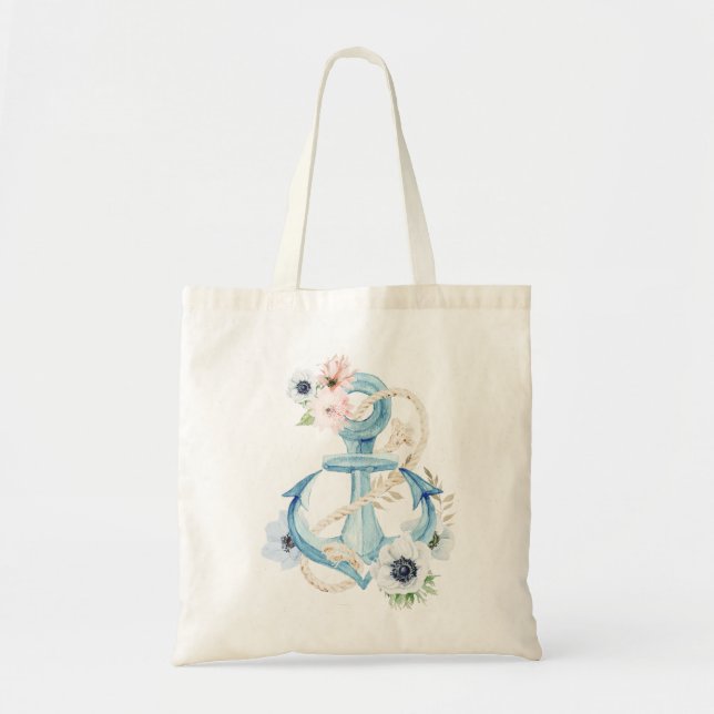 Tote Bag Ancre florale marine bleu rose pâle (Devant)