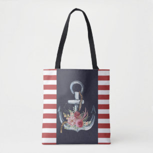 Tote Bag Ancre marine florale, bleu marine, rayures rouges
