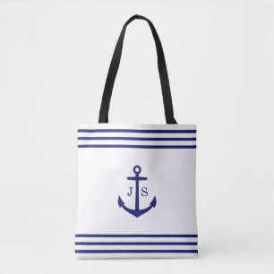 Tote Bag Ancre monogramme Nautique (blanc et bleu)