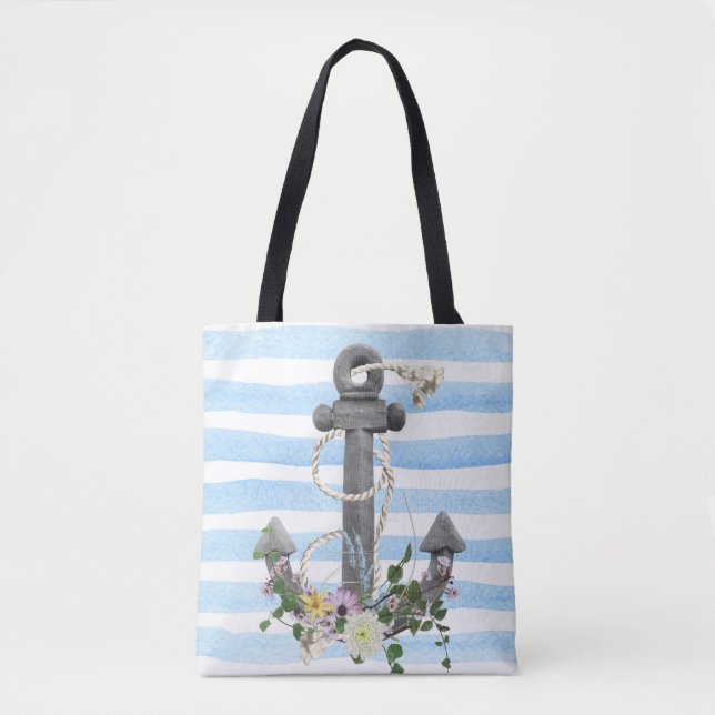 Tote Bag ancre nautique avec fleurs (Devant)