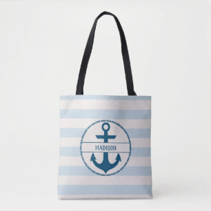 Tote Bag Ancre nautique Bleu Blanc Personnalisé
