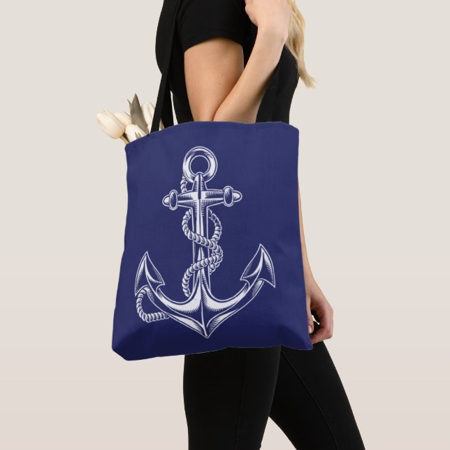 Tote Bag Ancre nautique et corde bleu (De près)