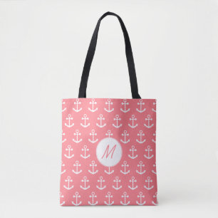 Tote Bag Ancre nautique rose et blanc monogramme