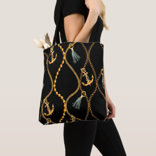 Tote Bag Ancres et chaînes noires Nautiques