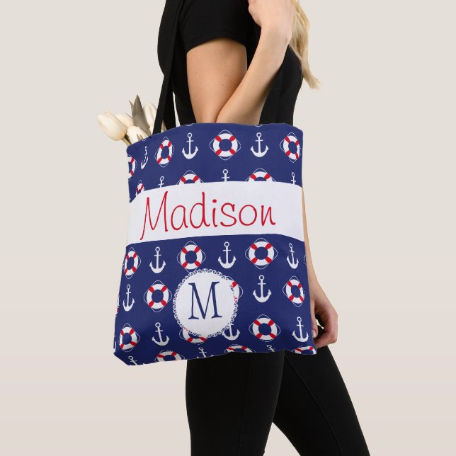 Tote Bag Ancres nautiques Marine Rouge Tendance Monogramme  (De près)