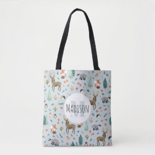 Tote Bag Animaux boisés mignons et modernes Monogrammes Enf
