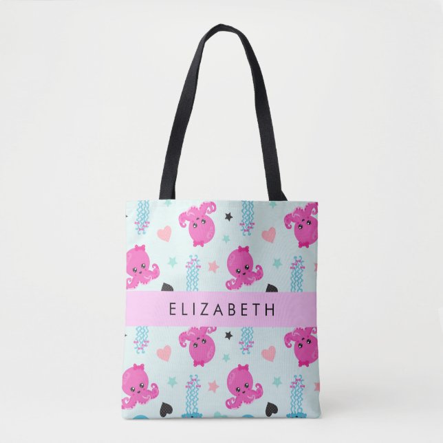 Tote Bag Animaux de mer, poulpe, méduse, Coeurs, Votre nom (Devant)