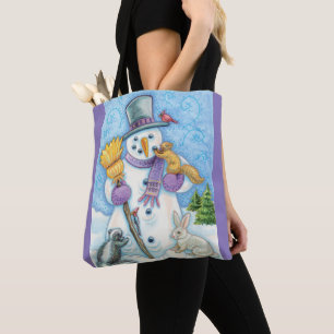Tote Bag Animaux Mignons Construisant un Bonhomme de Neige