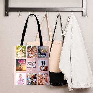 Tote Bag Anniversaire personnalisé photo collage femme rose