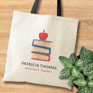 Tote Bag Apple Et Livres Préscolaire Personnalisé Nom De L'