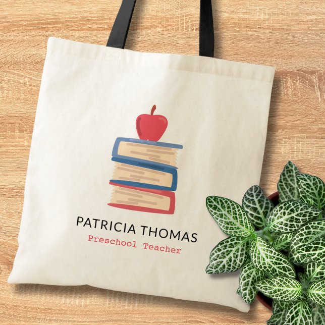 Tote Bag Apple Et Livres Préscolaire Personnalisé Nom De L' (Créateur téléchargé)