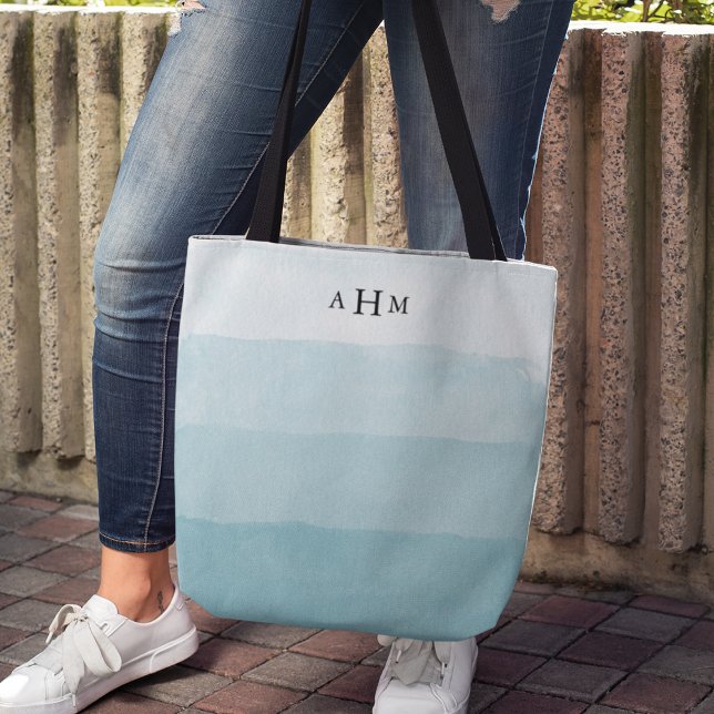 Tote Bag Aqua Aqua Aquarelle Ombre Monogramme (Créateur téléchargé)