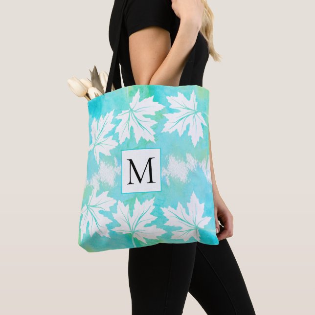 Tote Bag Aqua aquarelle laver feuilles d'érable et monogram (De près)