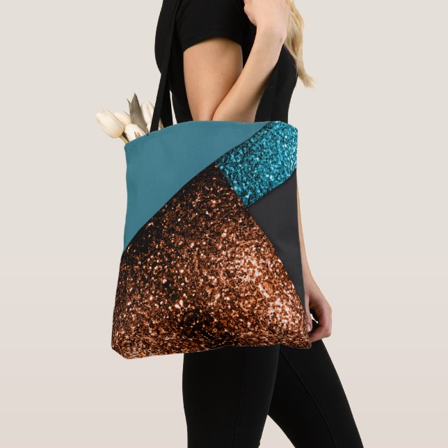 Tote Bag Aqua bleu et bronze scintille de couleur moderne (De près)