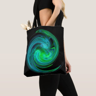 Tote Bag AQUA BLEU VERT VORTEX Fractal Swirl Noir