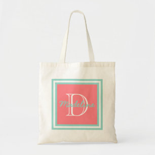 Tote Bag Aqua frais sur le monogramme rose de corail