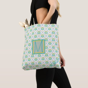 Tote Bag Aqua Grey et Chartreuse Motif Monogramme tendance