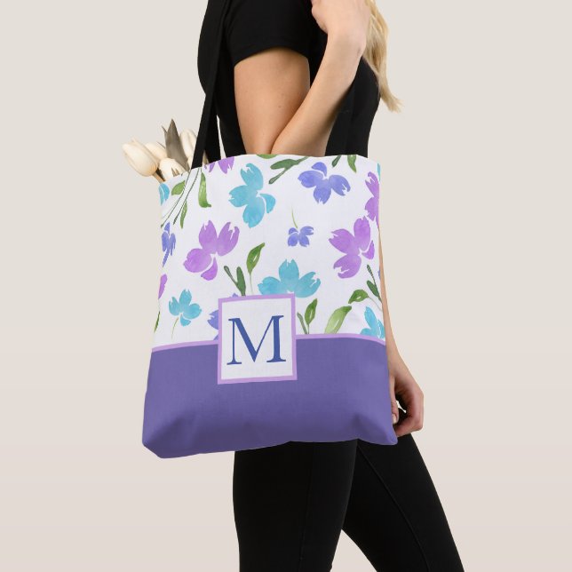 Tote Bag Aqua Periwinkle Purple Aquarelle tiges (De près)