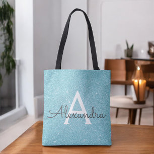 Tote Bag Aqua Turquoise Blue Sparkle Elegant Monogramme Liv
