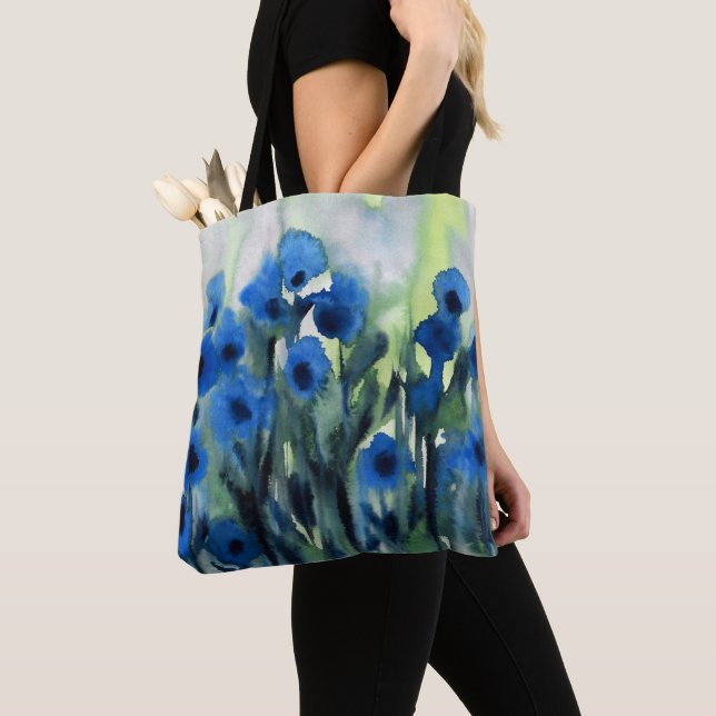 Tote Bag Aquarelle Abstraite 'Blue Field of Flowers' (De près)