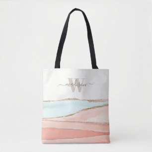 Tote Bag Aquarelle Abstraite côtière avec nom et monogramme