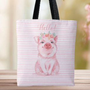 Tote Bag Aquarelle adorable Cochon roses bandes