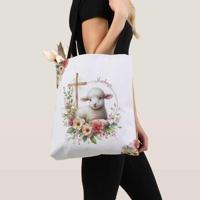 Tote Bag Aquarelle Agneau de Pâques Personnalisé (De près)