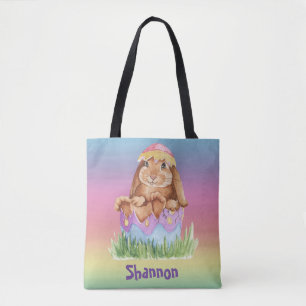 Tote Bag Aquarelle arc-en-ciel de lapin de Pâques