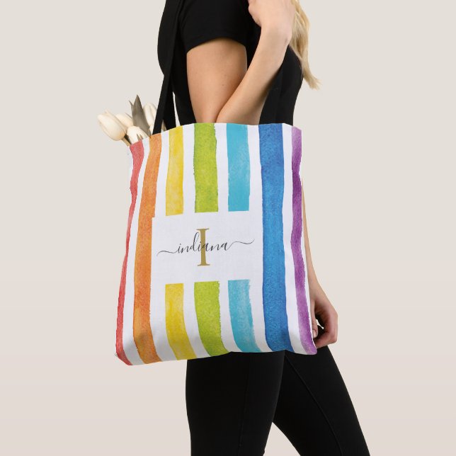 Tote Bag Aquarelle arc-en-ciel Nom du monogramme (De près)